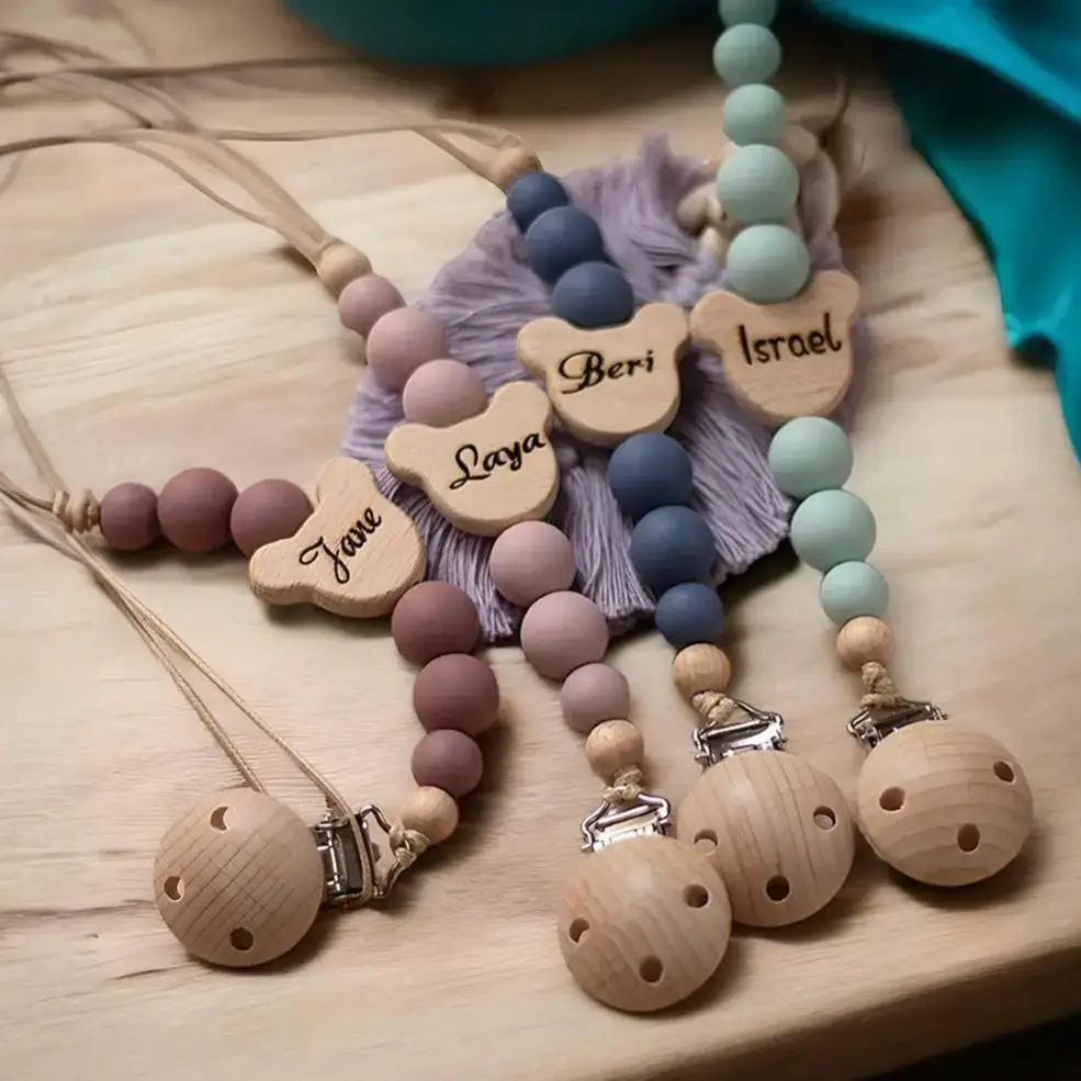 Personalized Baby Pacifier Chain Silicone Bead Custom Name Wooden Dummy Nipple Holder Guard Engraved Wood Pendant Newborn Gift