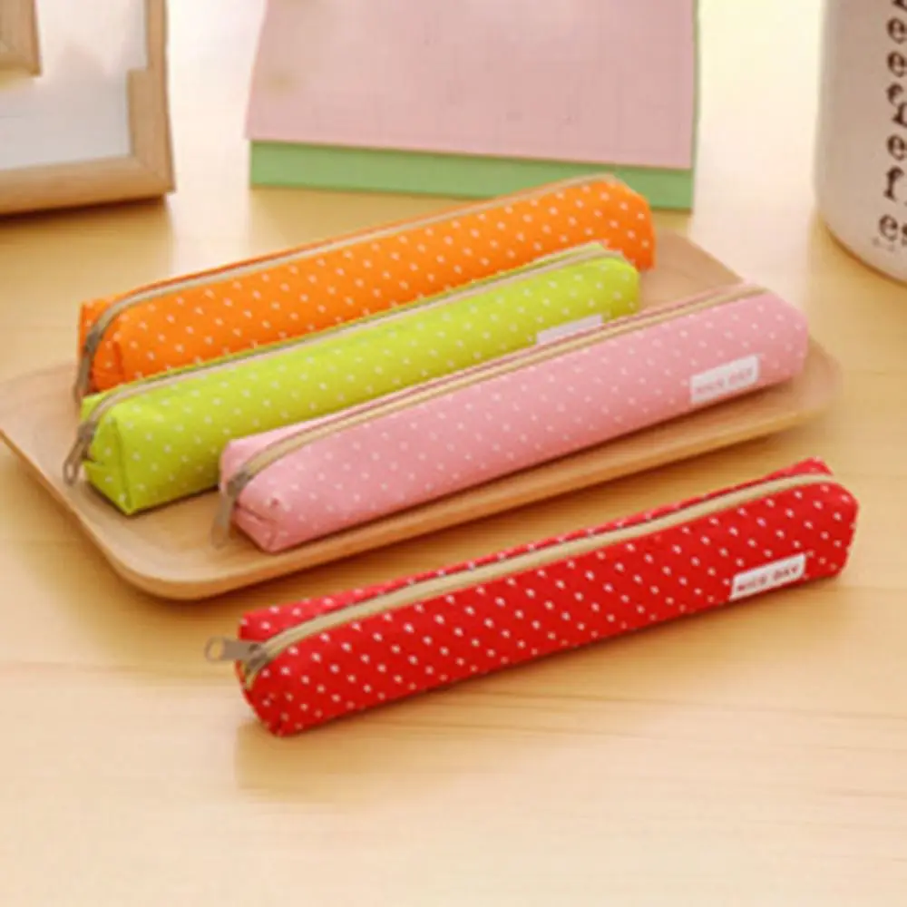

Lipstick Bag Long Strip Pencil Case Candy Color Dots Canvas Stationery Pouch Zipper Large Capacity Pencil Bag Student