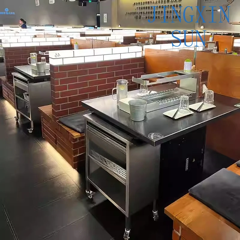 stainless steel skewer table automatically flips carbon grill under smoke exhaust barbecue shop table for commercial use