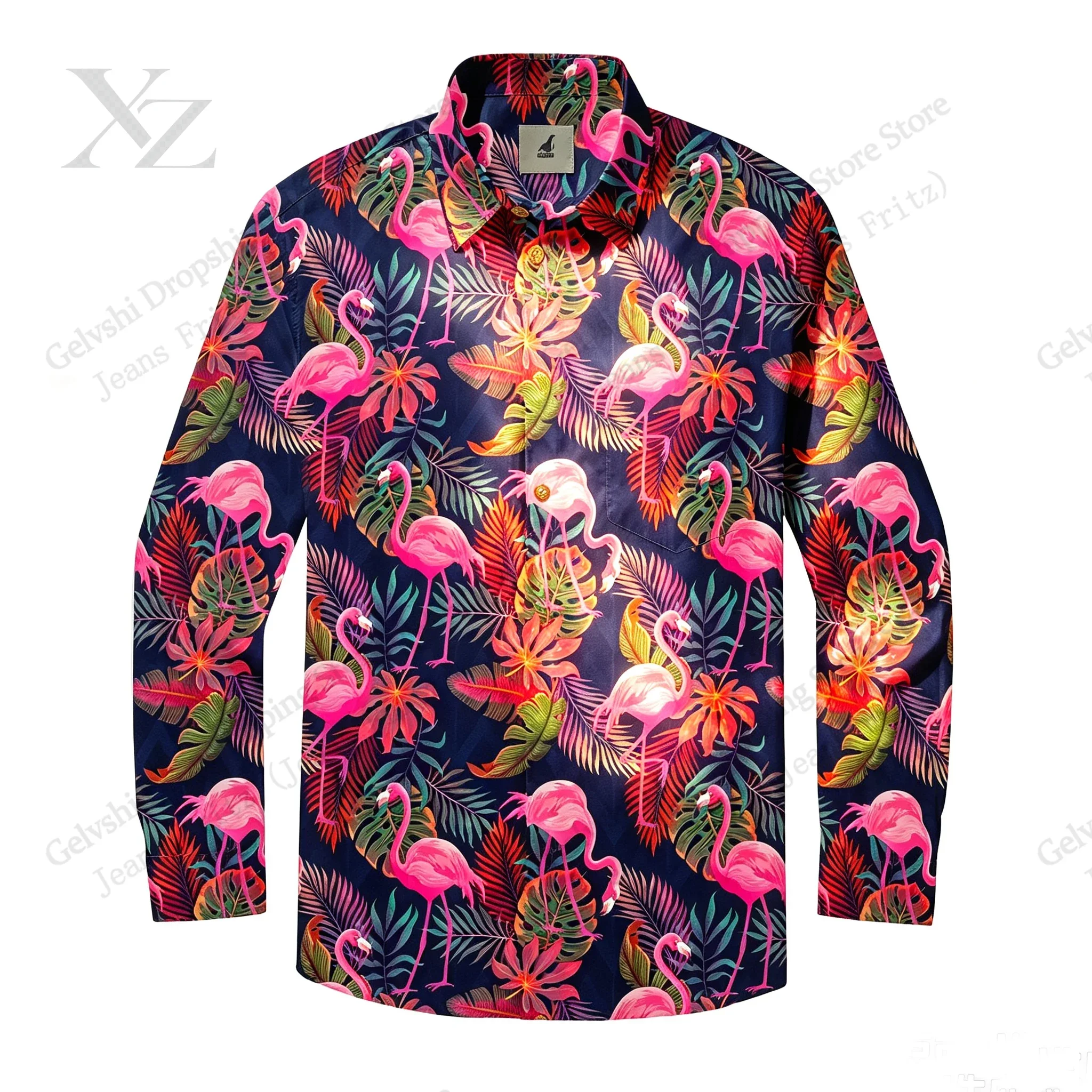 Long Sleeve Bird Flamingo Holiday Shirt Flamingo 3d Hawaiian Shirt Men Women Fashion Single-breasted Blouse Flower Camisa hombre