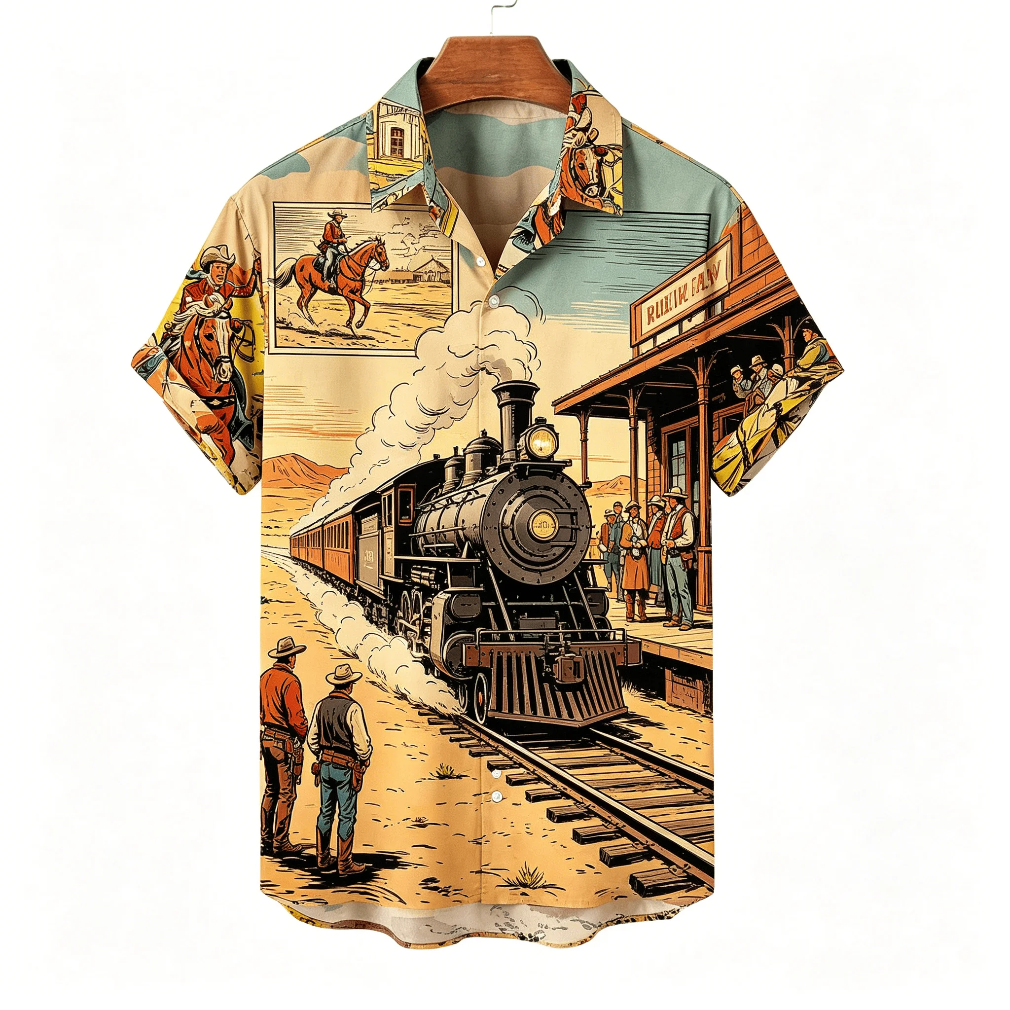 Men's Western Cowboy Rodeo Print Short Sleeve Shirt, Retro Comic Style, Casual Summer Vacation