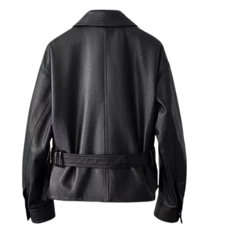 Short Leather Jacket for Women Korean Style Turn-down Collar Autumn Winter Fashion Versatile Simple Lace Up Black Coat with Belt