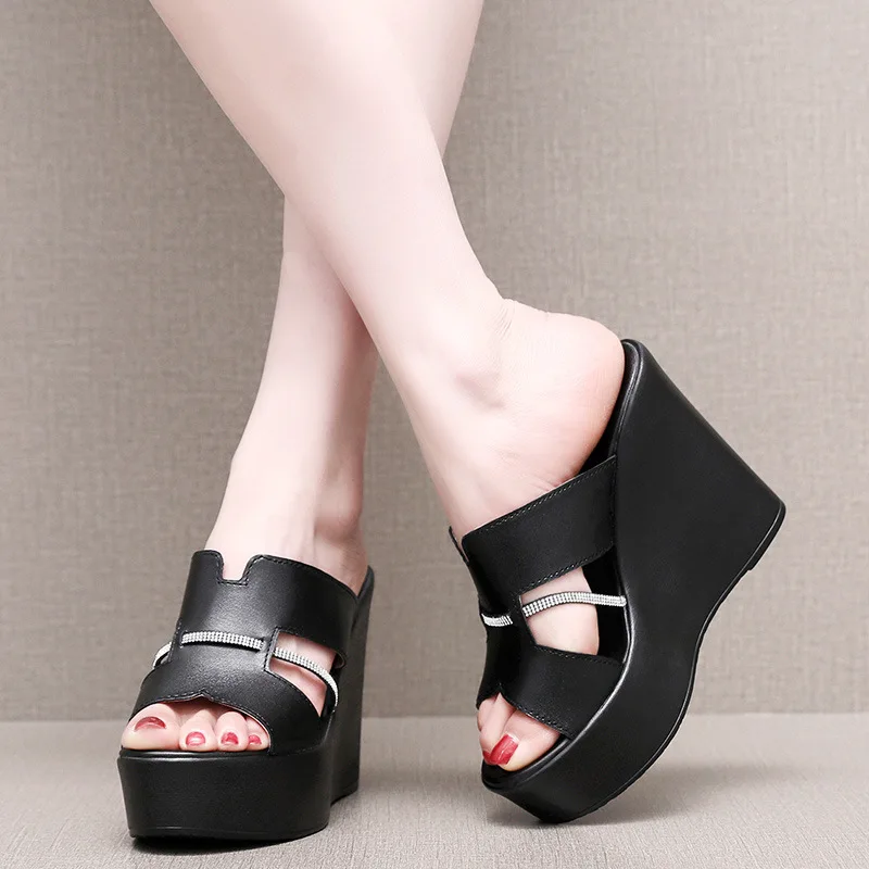 High quality leather wedge sandals for women 6cm 8cm 10cm high heel 2025 summer 33 34 platform open toe elegant shoe white green - Image 2