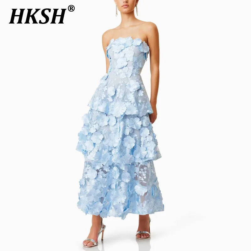 

HKSH Summer New Women's Tide Stylish Fashion Elegant Three-dimensional Flower Embellished Sleeveless Strapless Long Dress HK5681