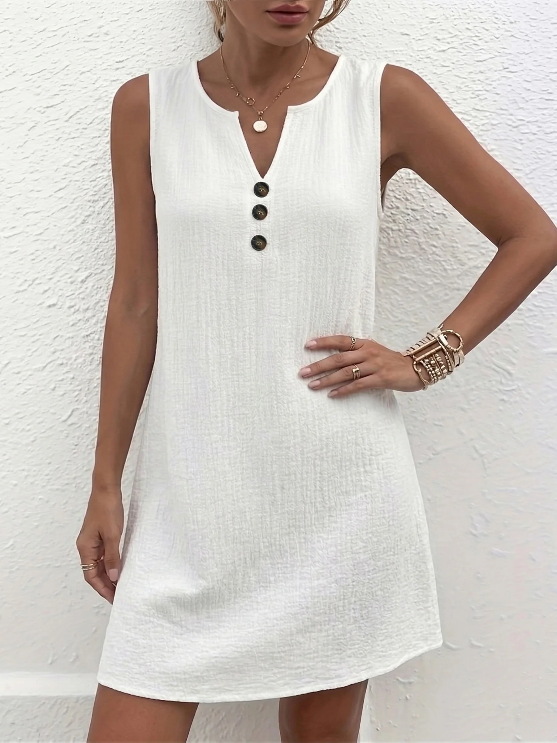 Ärmelloses Freizeitkleid in Übergröße mit Knopfdetails für mühelosen Stil und Komfort – Detail 13