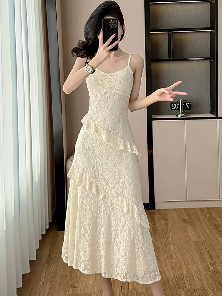 ผู้หญิงลูกไม้ Jacquard Chic Ruffled ชุดยาวฤดูร้อนสบายๆสลิงเซ็กซี่ชุด 2025 เกาหลีแฟชั่น Bodycon Party Dress