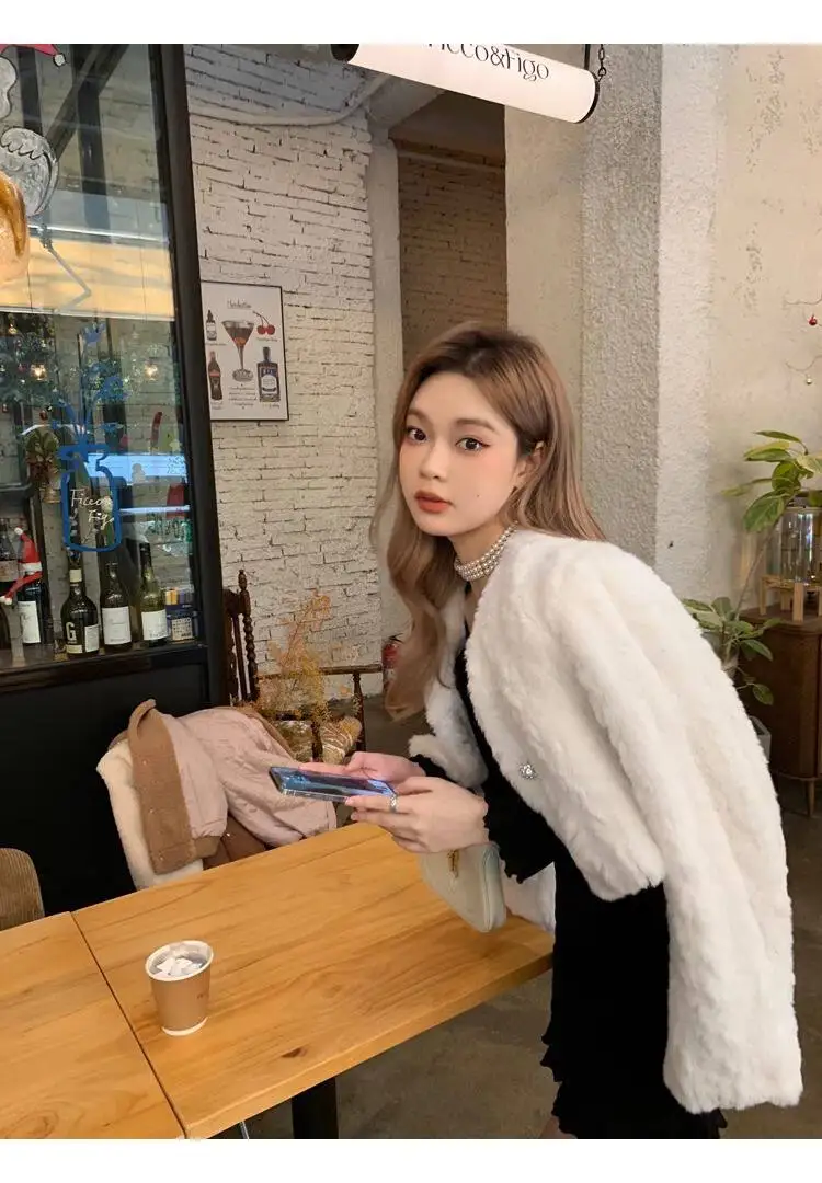 Chic V Neck Cropped Faux Rabbit Fur Jacket Women Elegant Single Button Plush Coats Woman Autumn Winter Fluffy Fleece Outerwear