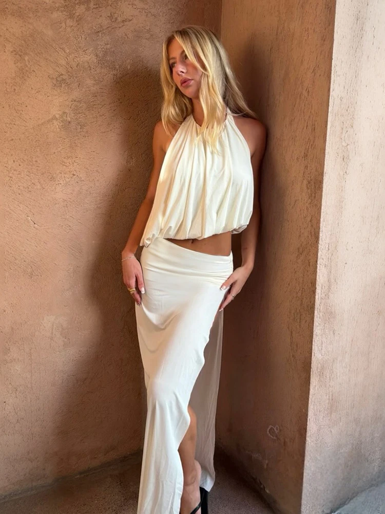 

Kliou Elegant Style 2 Piece Set Woman Summer Trend Halter Backless Irregular Tank Tops+Long Skirts Vacation Beach Party Outfits