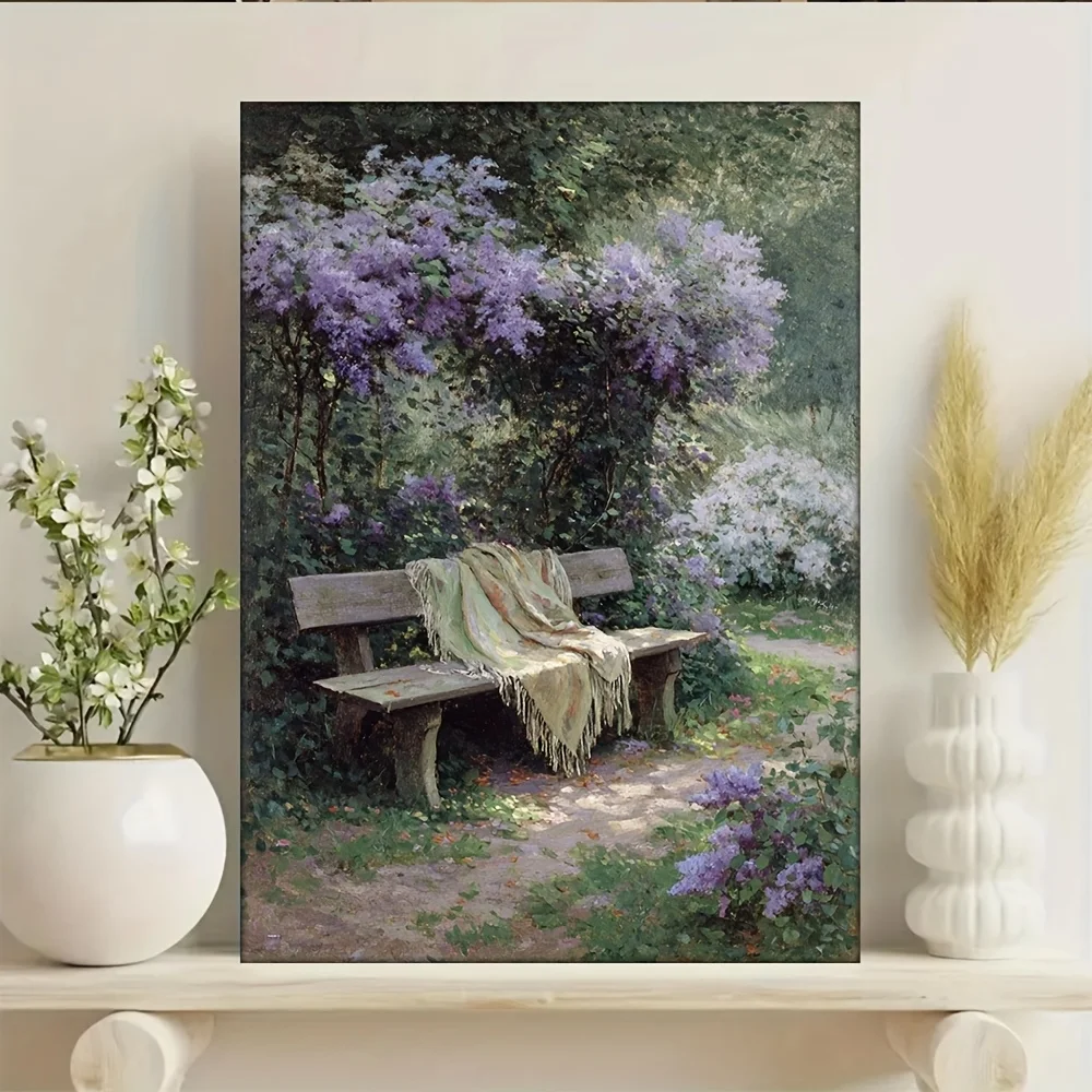 (No frame)2D Flat, Impressionist Boho Canvas: Garden Bench with a Fringed Wool Blanket, Surrounded by Lilacs in Soft Violet a