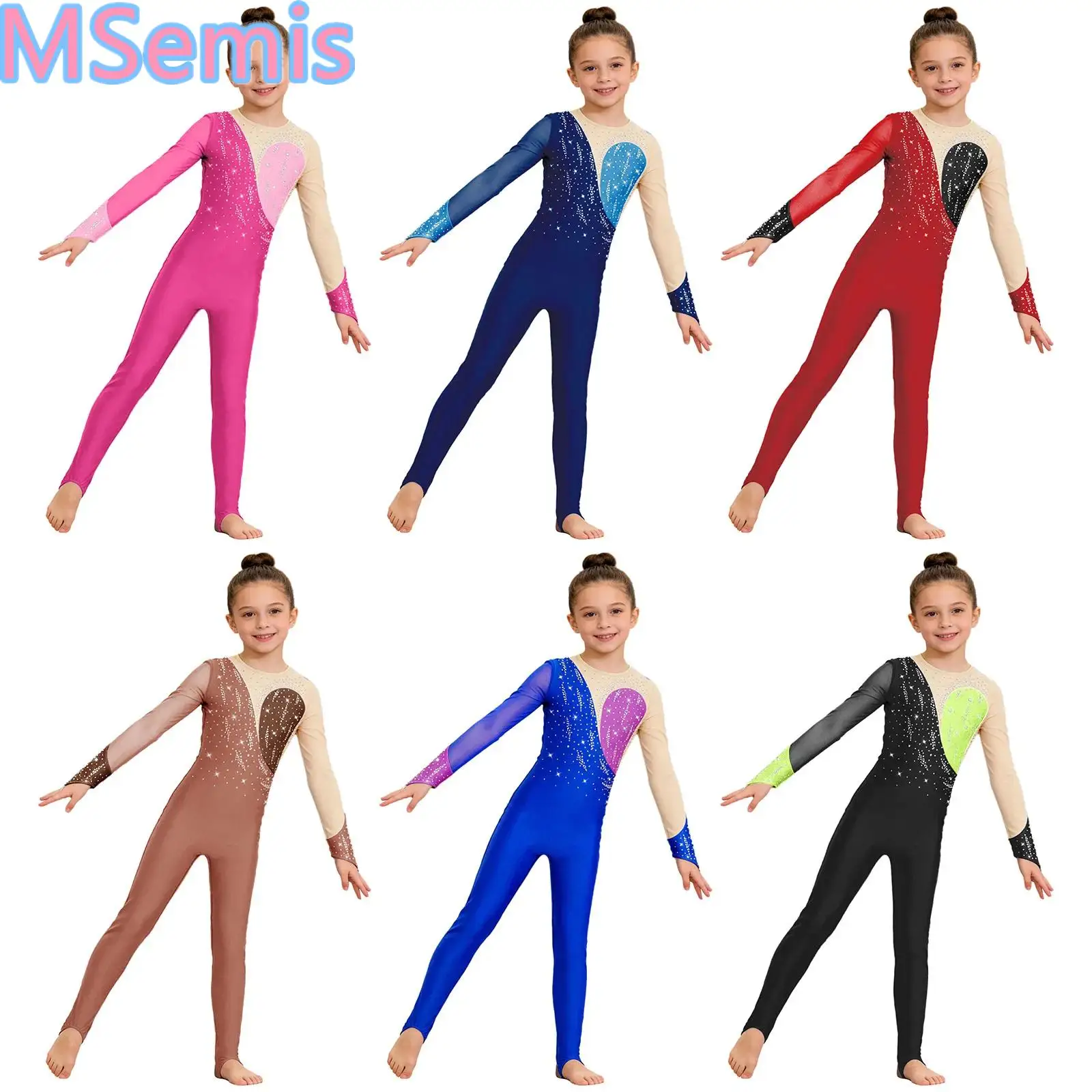 

Kids Girls Gymnastics Dance Jumpsuit Long Sleeves Finger Holes Keyhole Back Mesh Patchwork Shiny Rhinestones Bodysuit