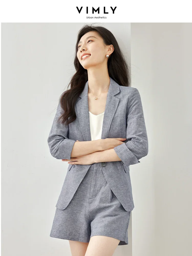 VIMLY 2 Piece Blazer Shorts Set Women 2024 Spring Elegant Fashion Gray Linen Cotton Blend Summer Outfits Lady Clothing Set V8356