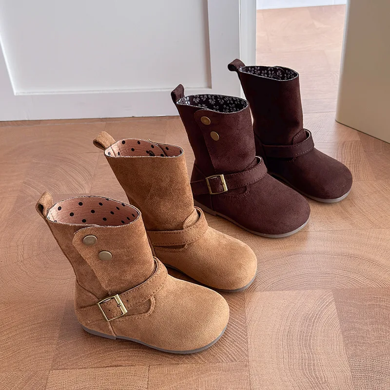 Fashion Baby Girl Retro Solid Short Boots Infant Toddler Child Spring Autumn Winter Mid-calf Platform Shoes Foldable Baby Shoes