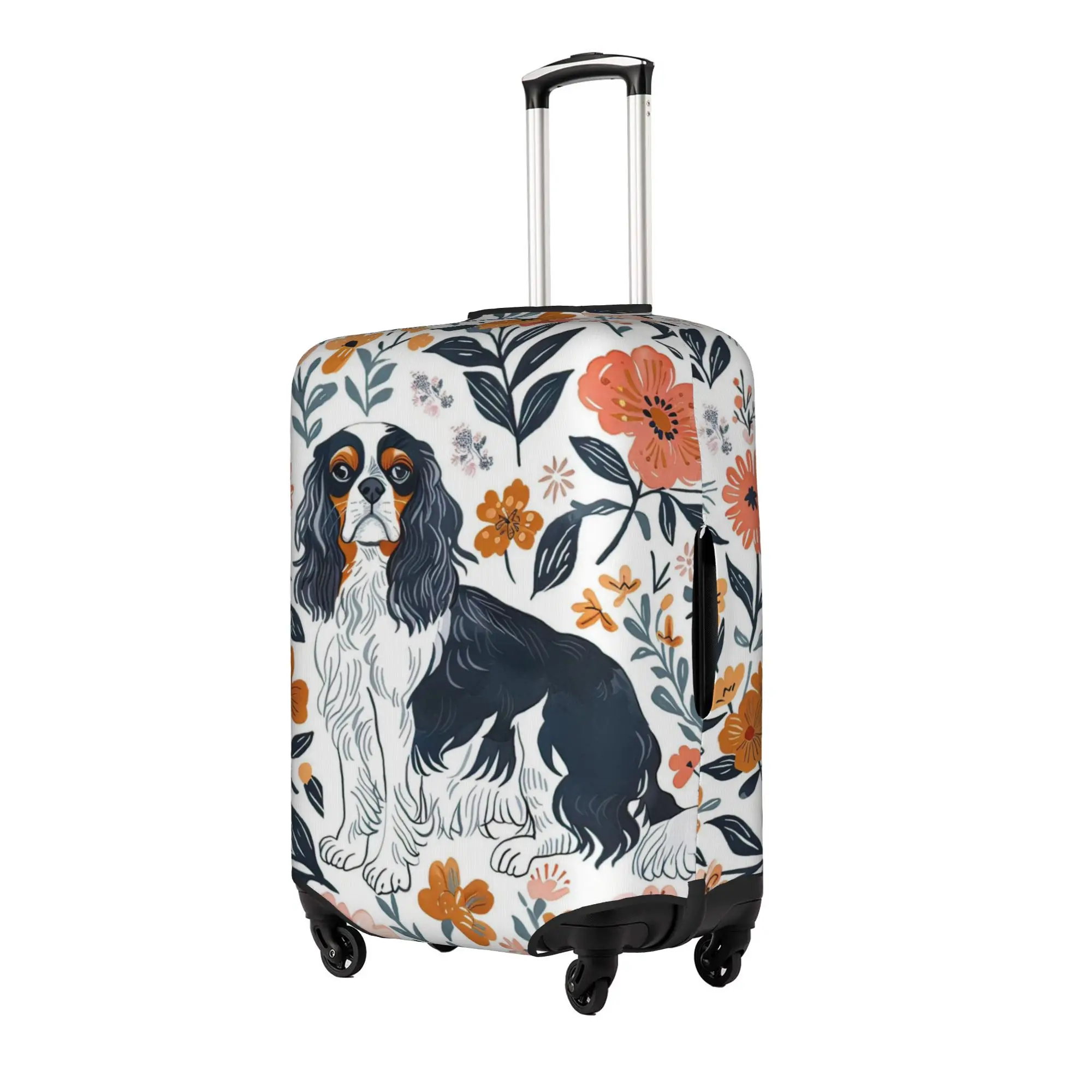 Custom Cavalier King Charles Spaniel Floral Art Print Suitcase Cover Elastic  Travel Luggage Covers for 18-32 inch