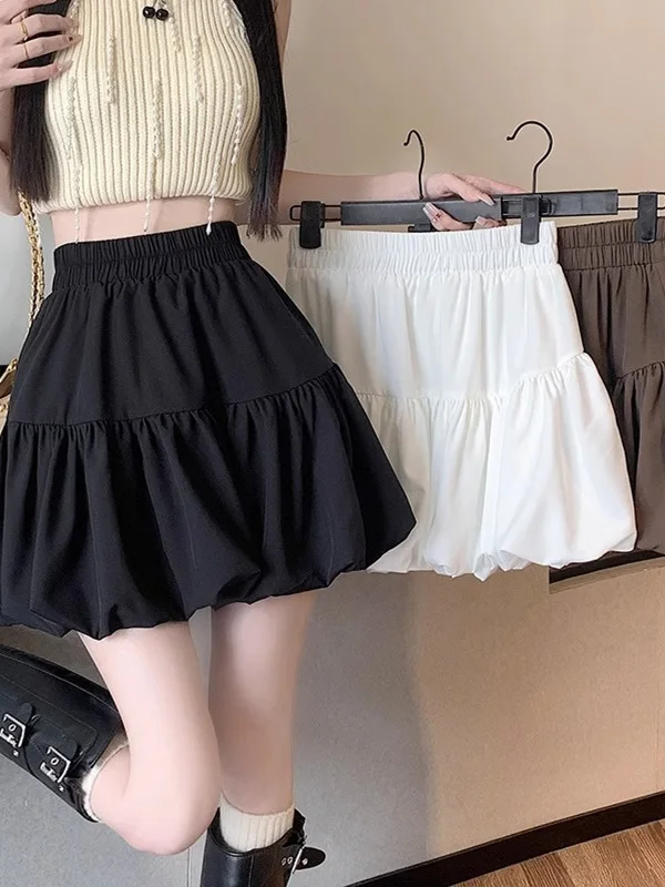 White Bouffant Skirt High Waist A-Line  Skirt Women's Spring Summer New Elastic Waist Slimming Pumpkin Short Skirt