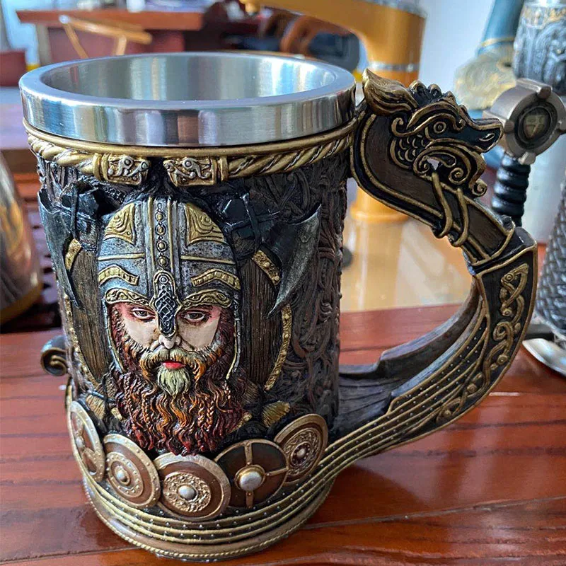 Viking Beer Mug Big Capacity 3D Tankard Stainless Steel Insert Resin Nordic God Odin Coffee Mugs Cup Halloween Christmas Gift