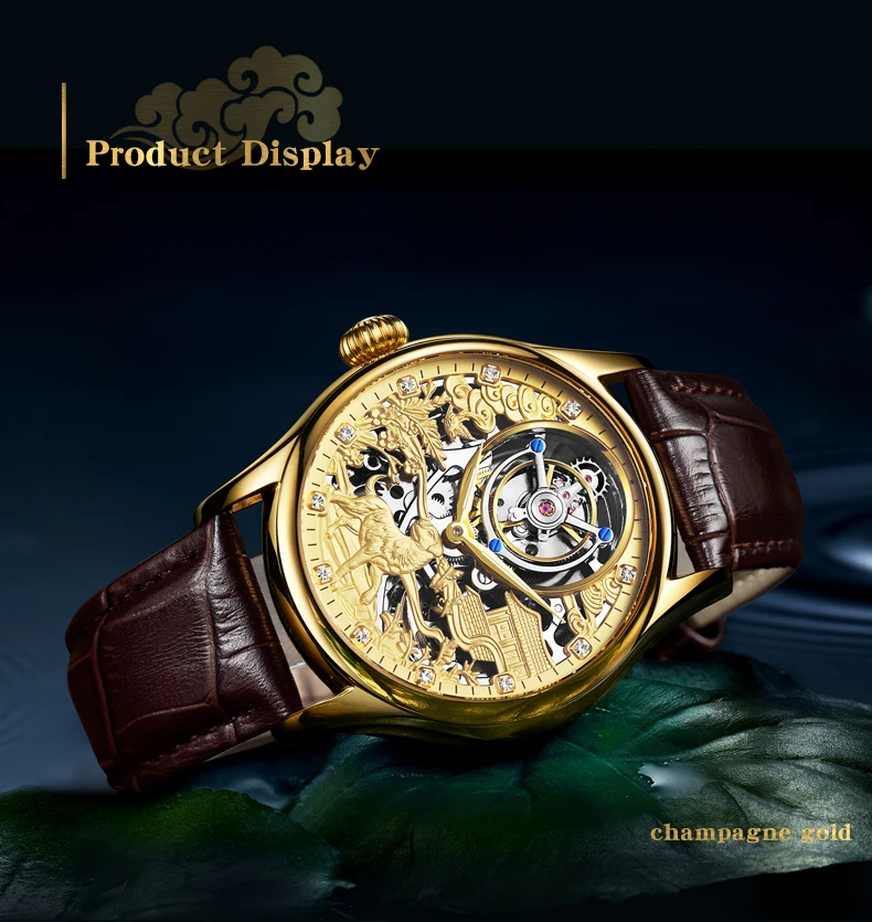 AESOP（manual7016G）Men Tourbillon Watch Zodiac Dog Skeleton Mechanical, 3D Hollow Carving, Sapphire Mirror, Genuine Leather Strap