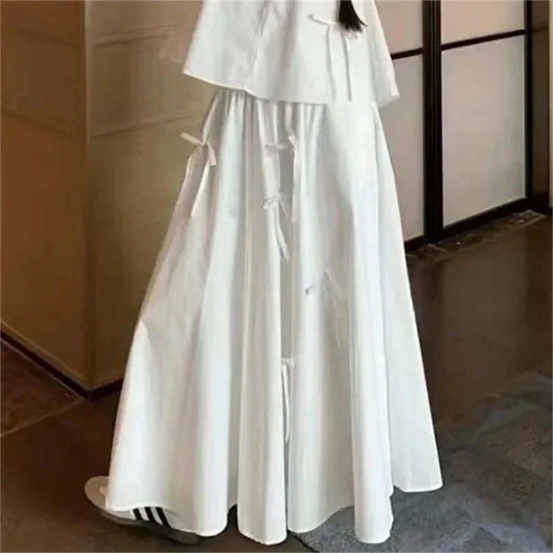 Sweetly Women's Summer Suits Design Three-Dimensional Bow With Loose White Sleeveless Shirt And High Waisted Skirt Two Piece Set