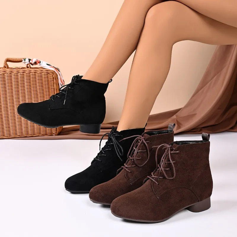 

2025 New Women's Fashion Lace-Up Ankle Boots Spring Autumn Comfortable Low Block Heel Short Boots Woman Boots Женская Обувь