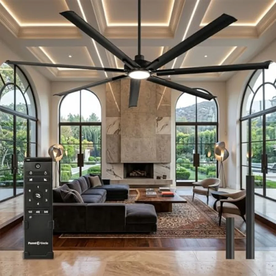 

Industrial black 120-inch ceiling fan with LED light, dimmable 3CCT, high-CFM reversible DC motor, for shop, warehouse, gym, li