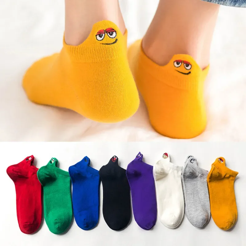 Kawaii Embroidered Expression Woman Socks Fashion Ankle Funny Socks Slippers Women Cotton Summer Candy Color Meias 54