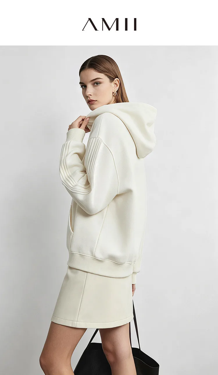 Amii Hooded Fleece Lined Sweatshirt Drop Shoulder Loose Fit Minimalist Slimming Casual Winter Women's Hoodies 12644038