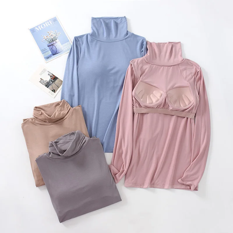 One Piece Pajamas Tops Autumn Spring New Turtleneck Sleepwear Long Sleeve Women's Chest Padded Bottoming Shirt Sleep Tops