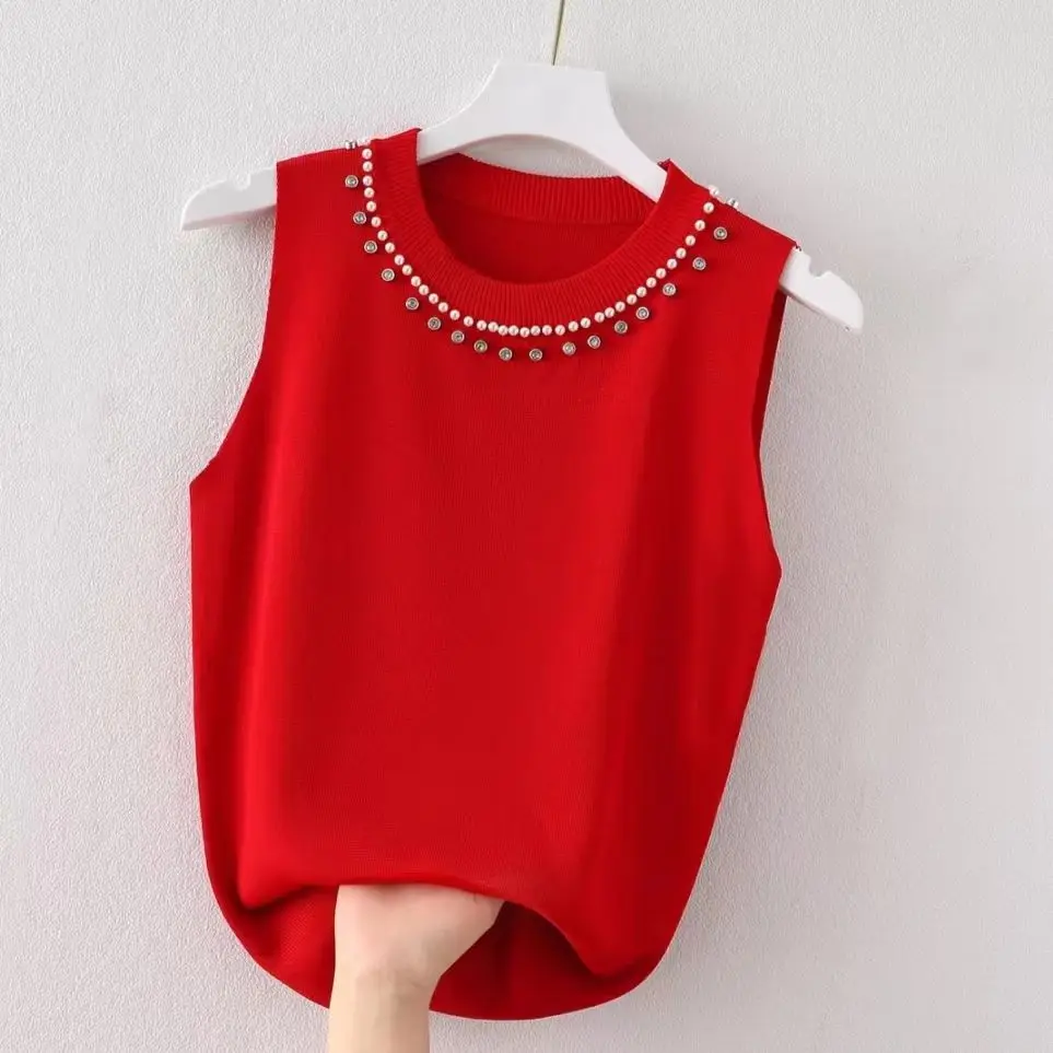 Einfache, beliebte, einfarbige, ärmellose Strickweste für Damen – Vielseitiges Sommer-Oberteil 2026 mit Rundhals und Perlen – Lässiger Trend – Detail 1