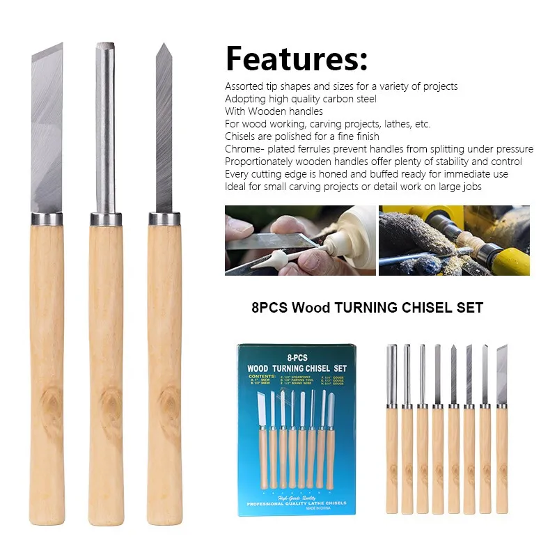 XCAN Wood Turning Chisel 8pcs Wood Lathe Chisel Cutting Carving HSS Steel, Woodworking Lathe Turning Tools for Hardwood