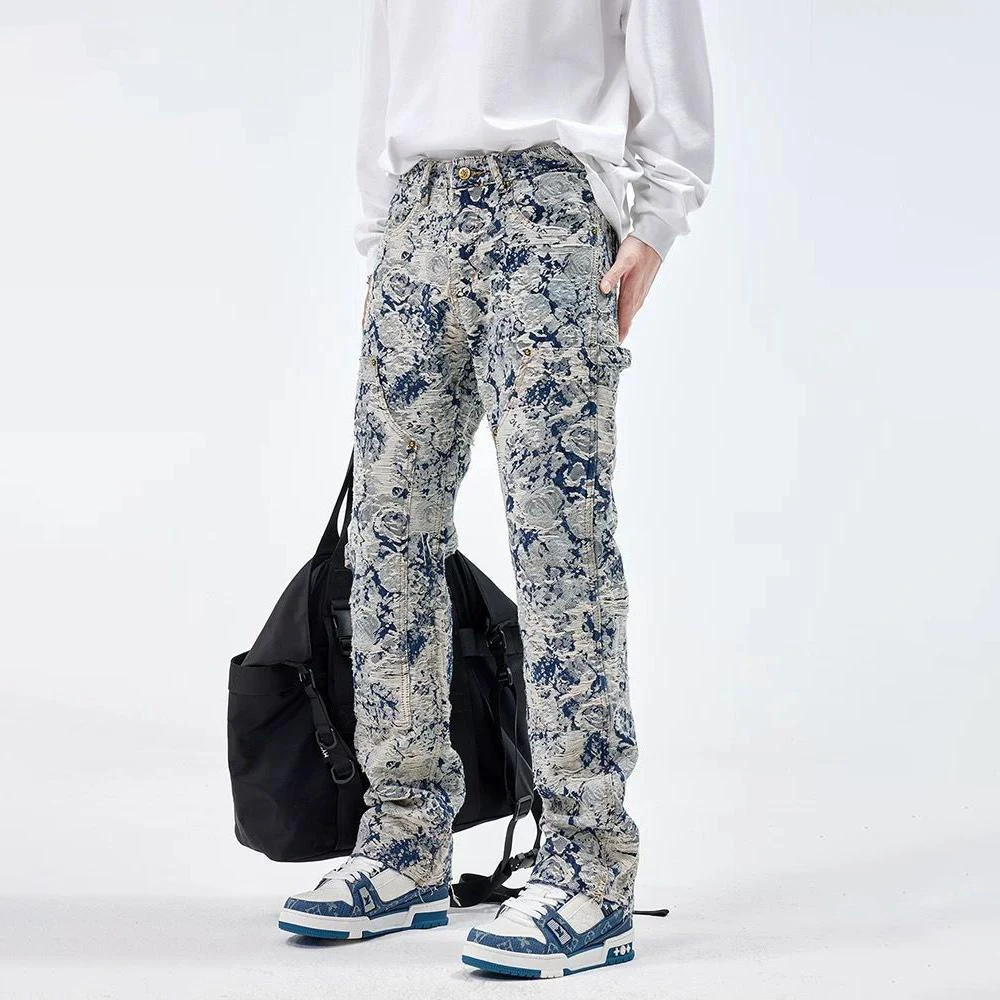 Mężczyźni Dżinsy Żakardowe Sprane Cargo Casual Proste Spodnie Streetwear Moda Hip Hop Retro Trend Spodnie Męskie Odzież Męska 2024