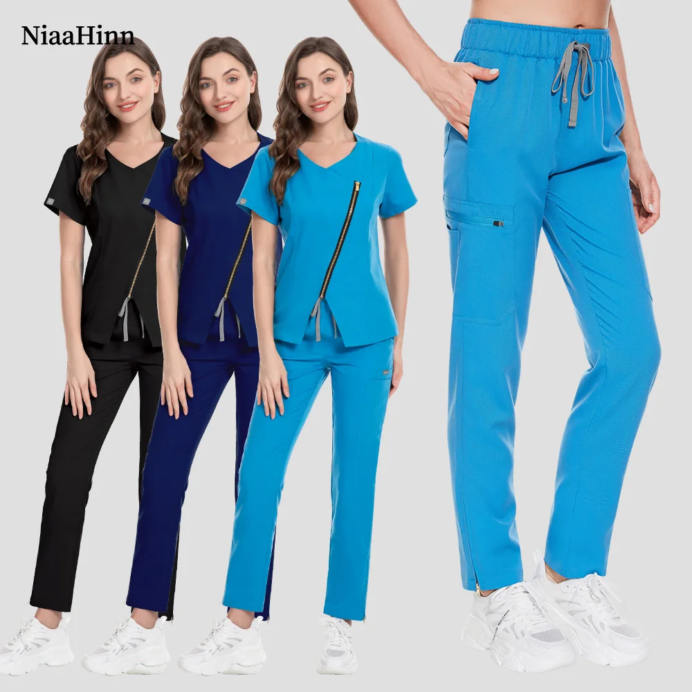 

Niaahinn Multicolor Surgical Suit Nurse Scrub Set Clinical Medical Doctor Nursing Uniforms Short Sleeve V-neck Tops Pocket Pants