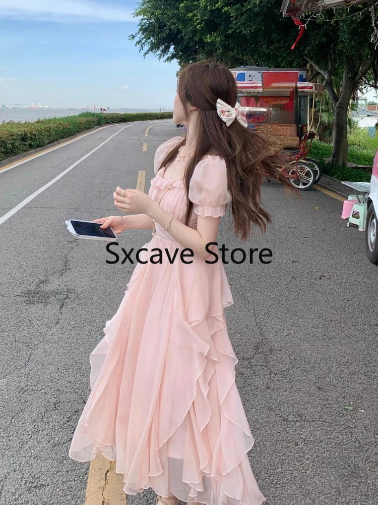 Französisch Fee Chiffon Midi Kleid Frauen Kurzarm Casual Boho Strand Sommerkleid Frauen Rosa Elegante Koreanische Kleid 2022 Sommer Chic