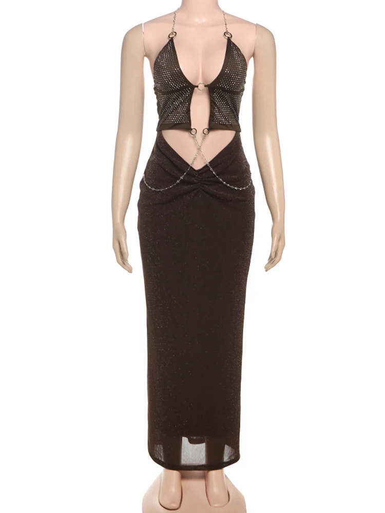 Nibber Halter Lage Hals Metalen Chian Patchwork Jurk Vrouwen Strass Decoratie Vakantie Strandfeest Elegante Middernacht Vestidos