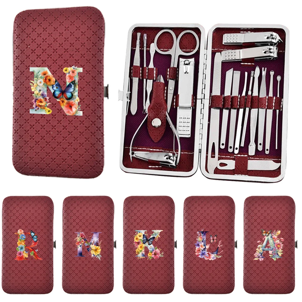 19 Piece Fingernail Clipper Set Professional Manicure Pedicure Kit Easy to Carry Butterfly Letter Initial 26 Letters Pattern