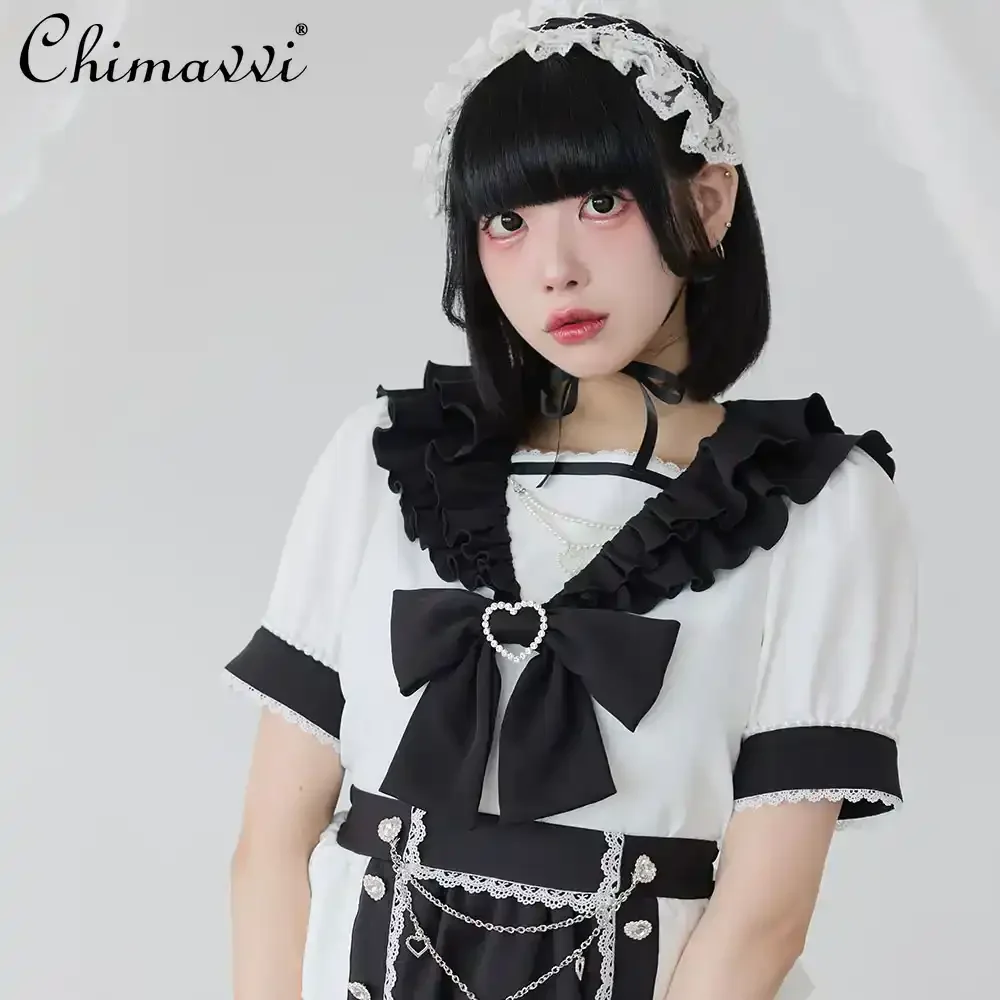 

Japanese Cute Sweet Ruffle Edge Big Bow Pearl Rhinestone Shirt Summer Lolita Sailor Collar Short Sleeve Shirt Blouse Girls Tops