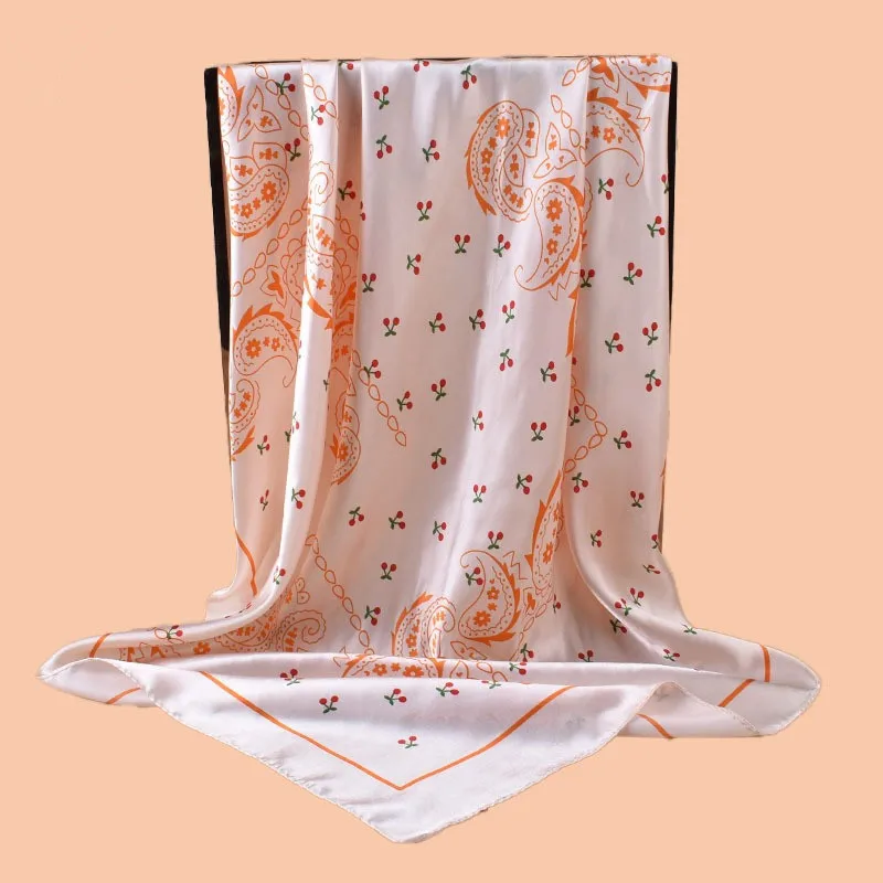 Silk Square Scarf For Women Fashion Cherry Printed Scarves Bandanas Luxury Hijab Neckerchief Hair Band Elegant Shawl Wraps