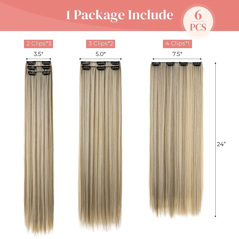 Synthetic Black Hair Extensions 24"/60cm 140g 6pcs/set Women Long Straight Full Head Clip 16 Clips  Ombre  Heat Resistant Fiber