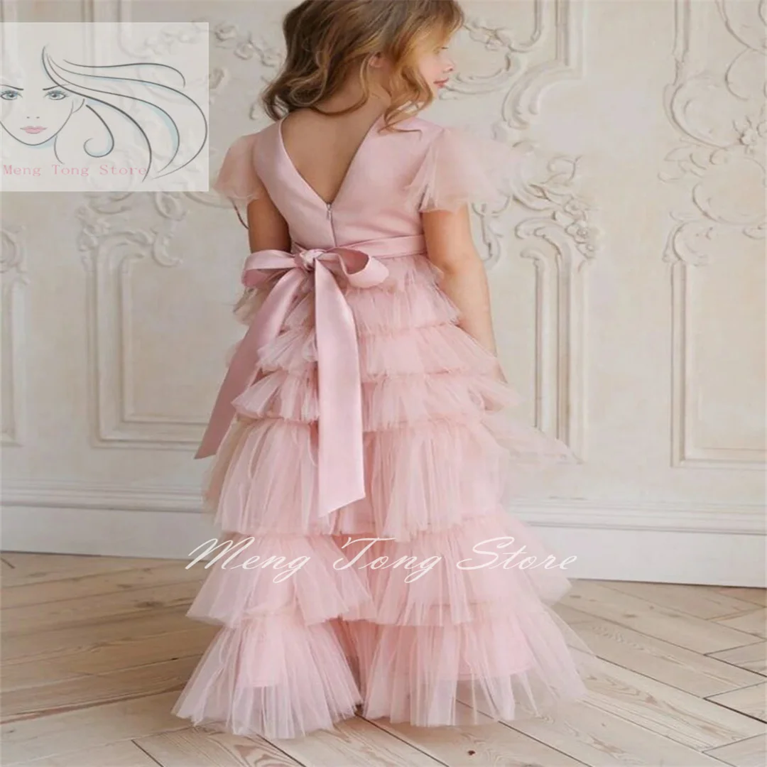 Vestido de tul hinchado para niña de las flores, vestido rosa sin mangas, línea A, Princesa, Fiesta en la playa, vestidos de cumpleaños para niños, vestidos de baile