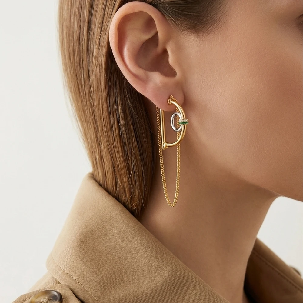 

Gold Plated D Shape Chain Tassel Earrings Luxury Two Tone Green CZ Zircon hoop Earring Punk Geometric Party Jewelry for Women