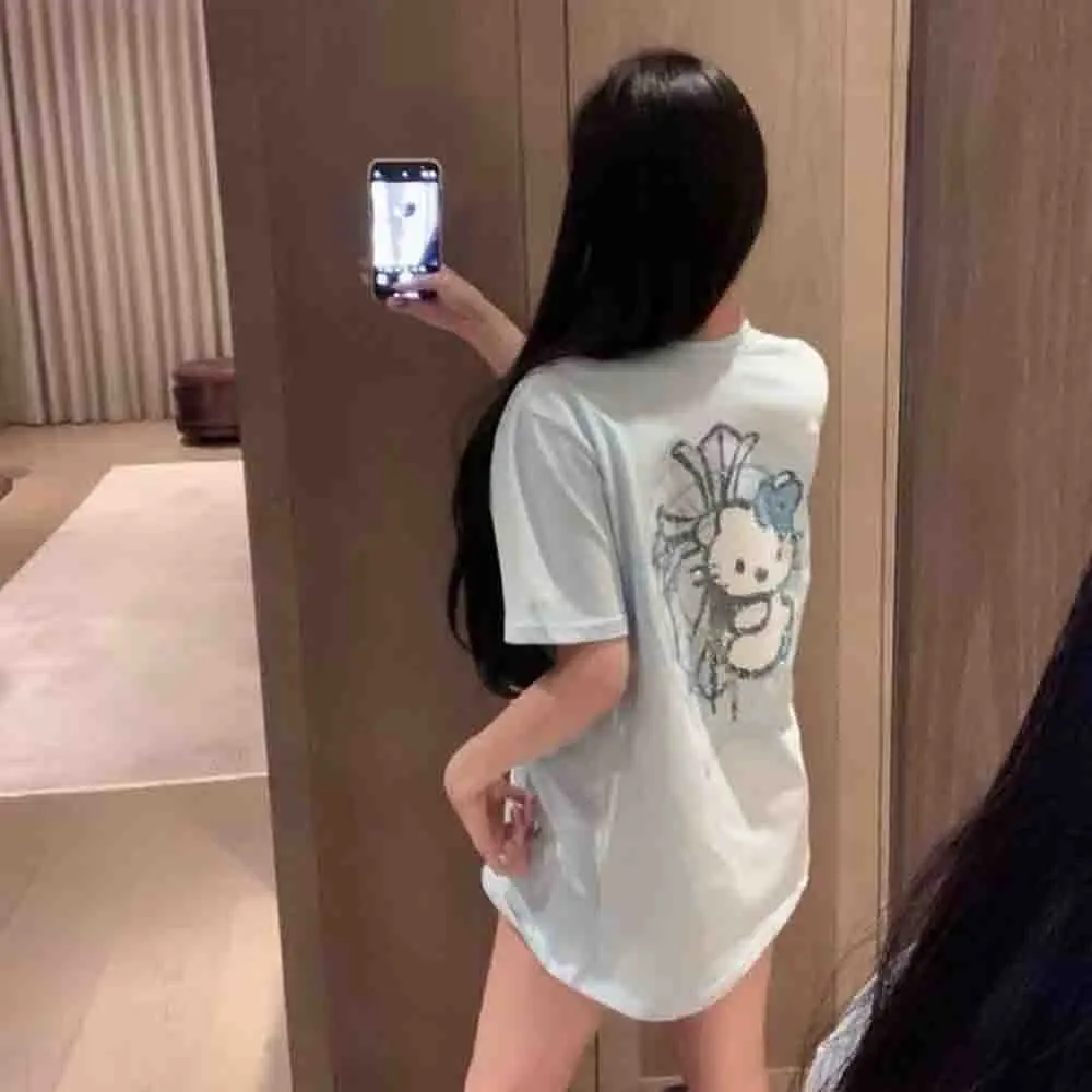 Korean Version Hello Kittys Diamond Printed Women's T-Shirt Y2K Sanrio Girls Short Sleeve Fashion Loose Casual Tops Large Size - view 3