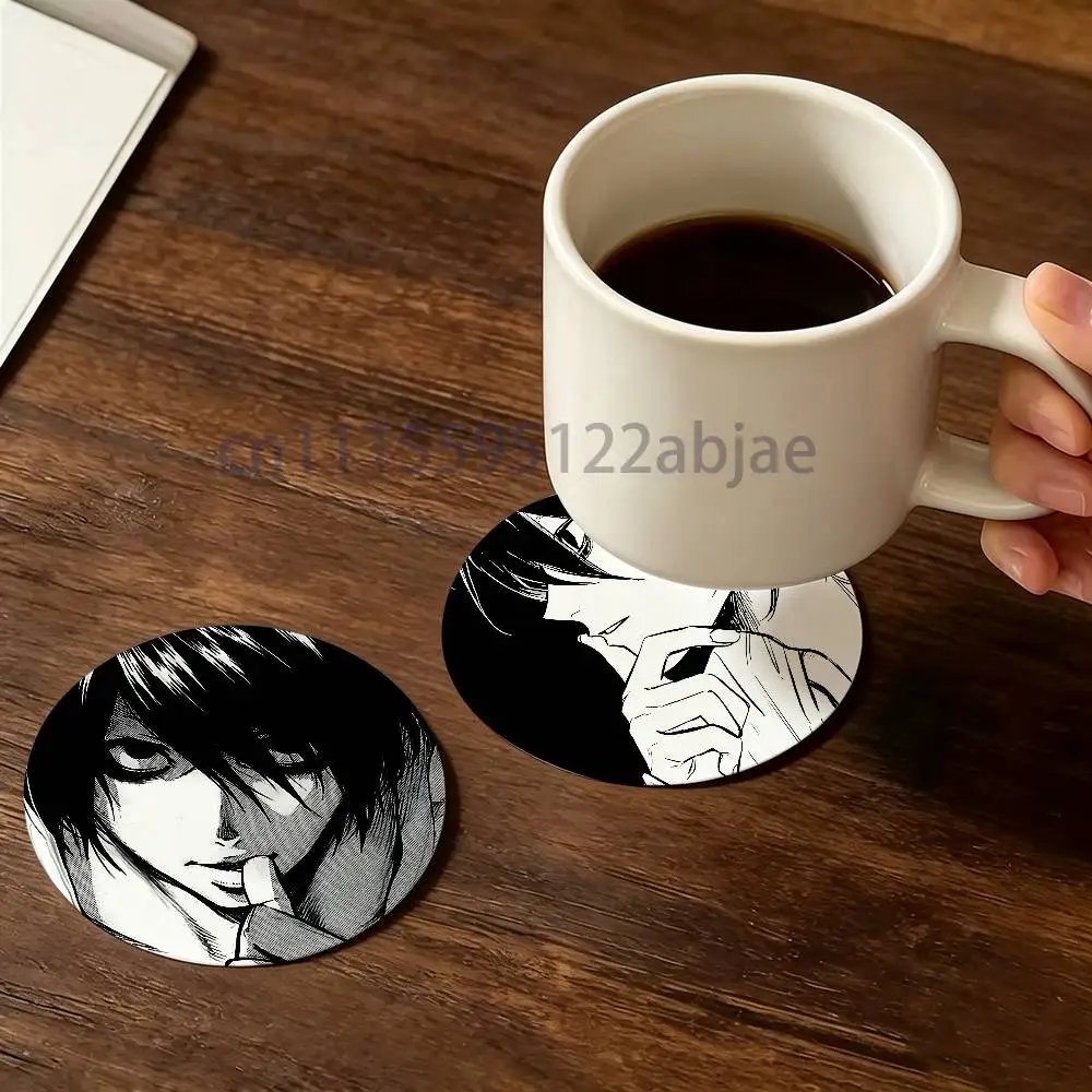 L-L Lawliet  D-Death Note Round Wooden Coaster Decorative Coffee Cup for Use in Coffee Shops Bars