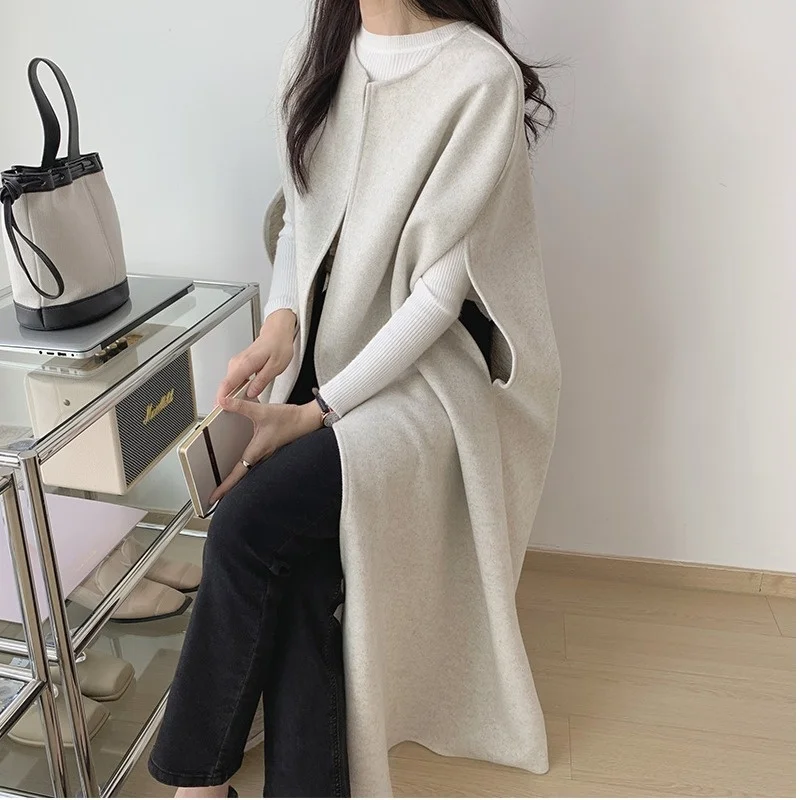 سترة نسائية صوفية للخريف والشتاء جديدة فضفاضة طويلة بلون نقي سترة علوية مستديرة من Neline No Sve Commute Faion #4