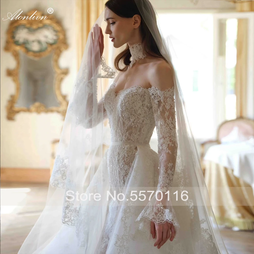 فساتين زفاف Alonlivn مصنوعة حسب الطلب من الدانتيل الساحر حورية البحر عاري الكتفين وأكمام طويلة ذيل قابل للإزالة 2 في 1 فساتين العروس