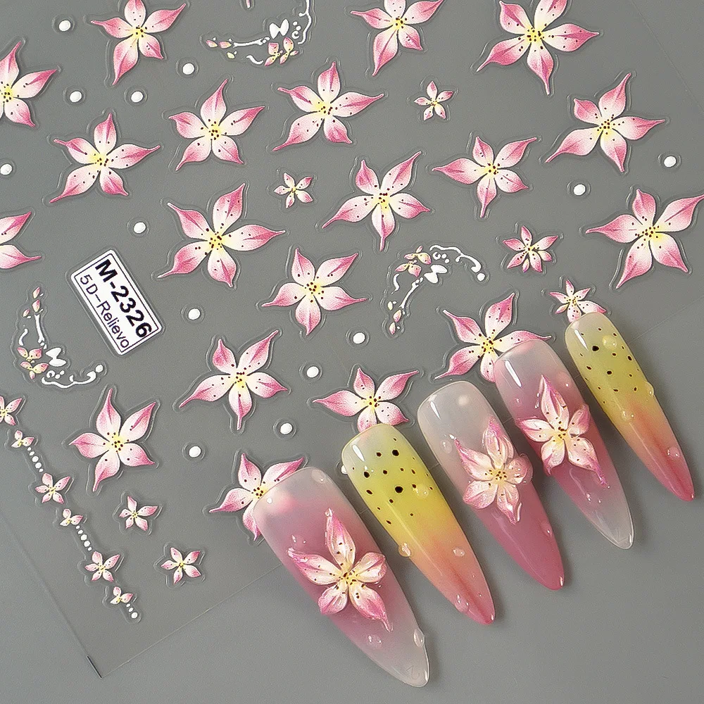 6Pcs 5D Embossed Lily Flowers Acrylic Nail Stickers Pink/Purple/Blue/Green Petals Nail Charms Art Decoration Self Adhesive Decal