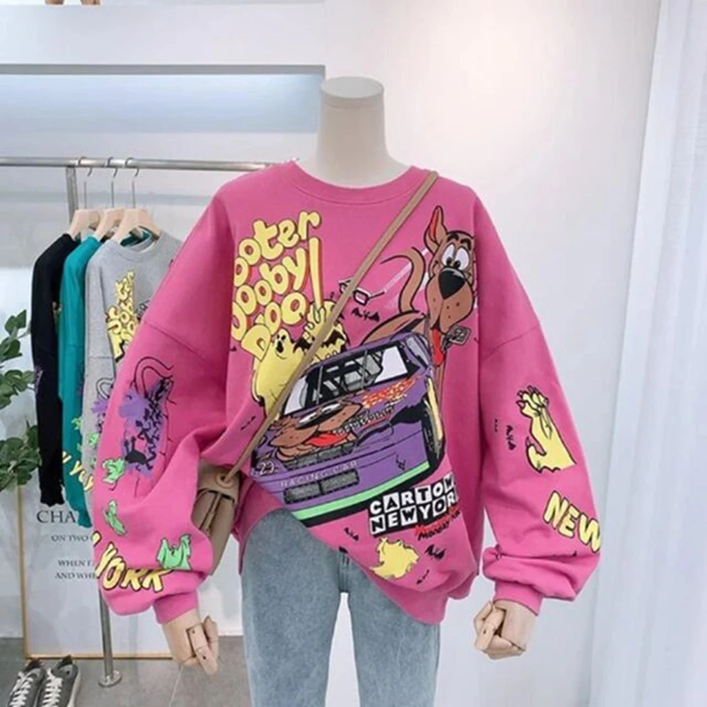 Kapu autumn and winter cartoon car dog print pullover red masked women clothing heaven positive reflection 2000 gray loose