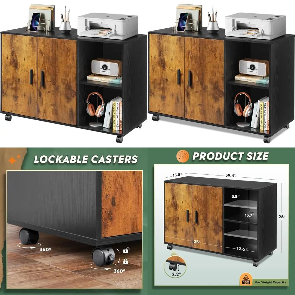 

Коричневый офисный шкаф в деревенском стиле с дверцей, полками и боковой подставкой для принтера