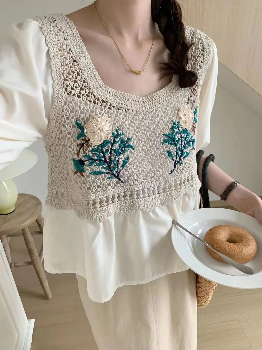 Women Blouse Crochet Knit Square Neck Half Sleeve Floral Embroidery Babydoll Tops Summer Teen-girls Fairycore Cottagecore Outfit