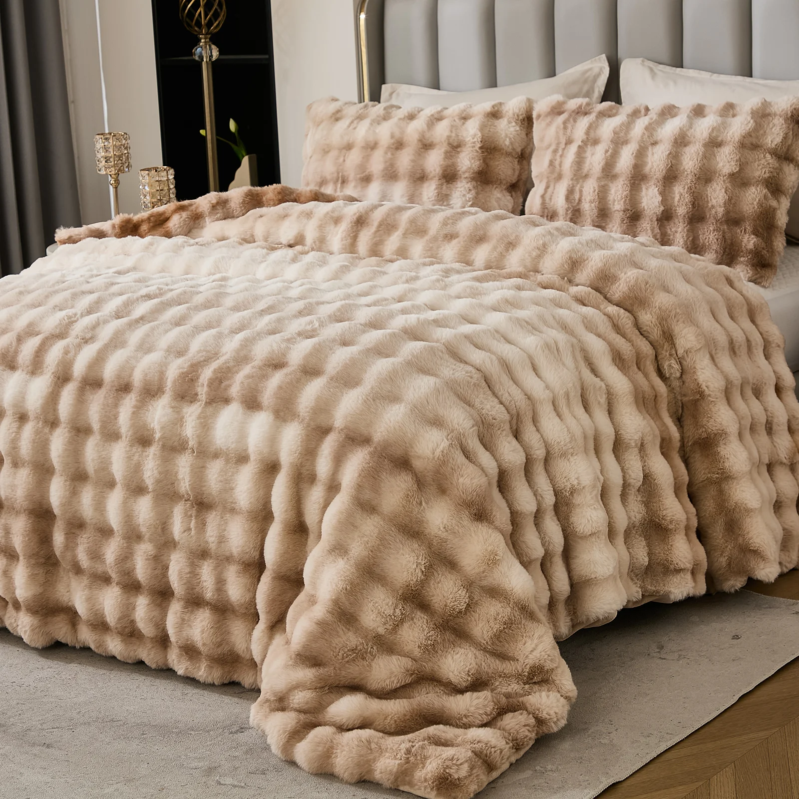 Fluffy Rabbit Faux Fur Comforter Set Queen/King Size Tie Dyed Bubble Comforter Bed Set Luxury 3 Pcs Warm Shaggy Winter Comforter Queen/King Size Soft Bubble Bedding Comforter Bedding Set