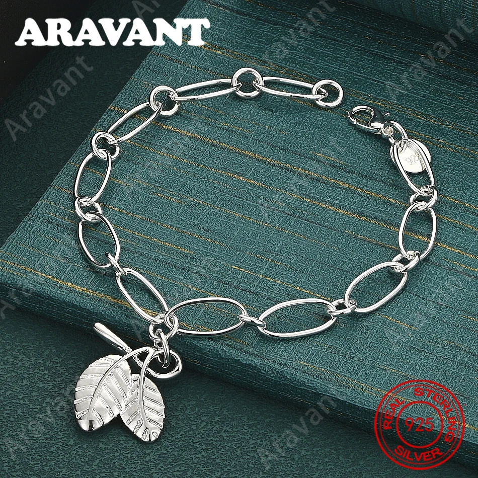 925 Sterling Silver Oval Chain Bracelet With Double Leaf Pendant - Simple And Elegant Everyday Accessory For Women