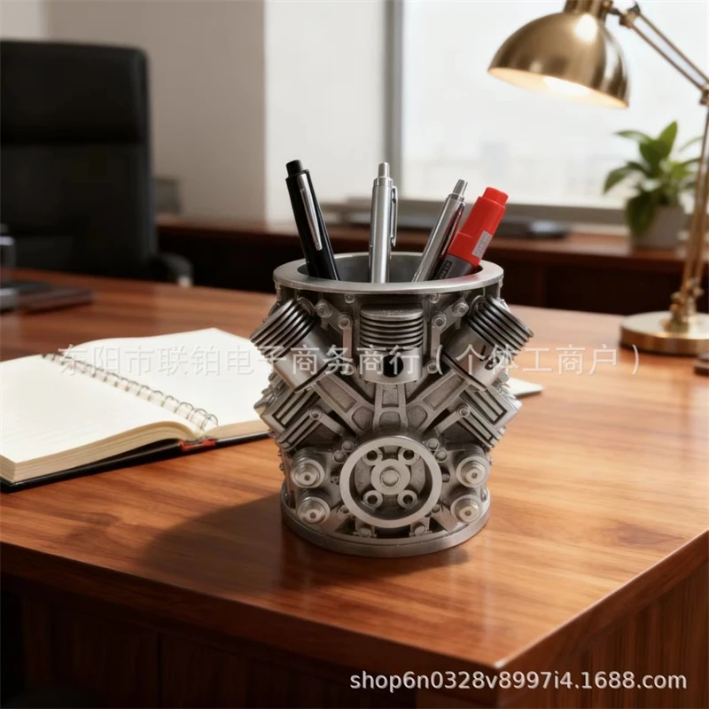 V8 Engine Pen Holder Realistic Motor Block Desk Organizer Pen Cup Planter Car Lover Desk Decor For Men Garage Birthday Gift