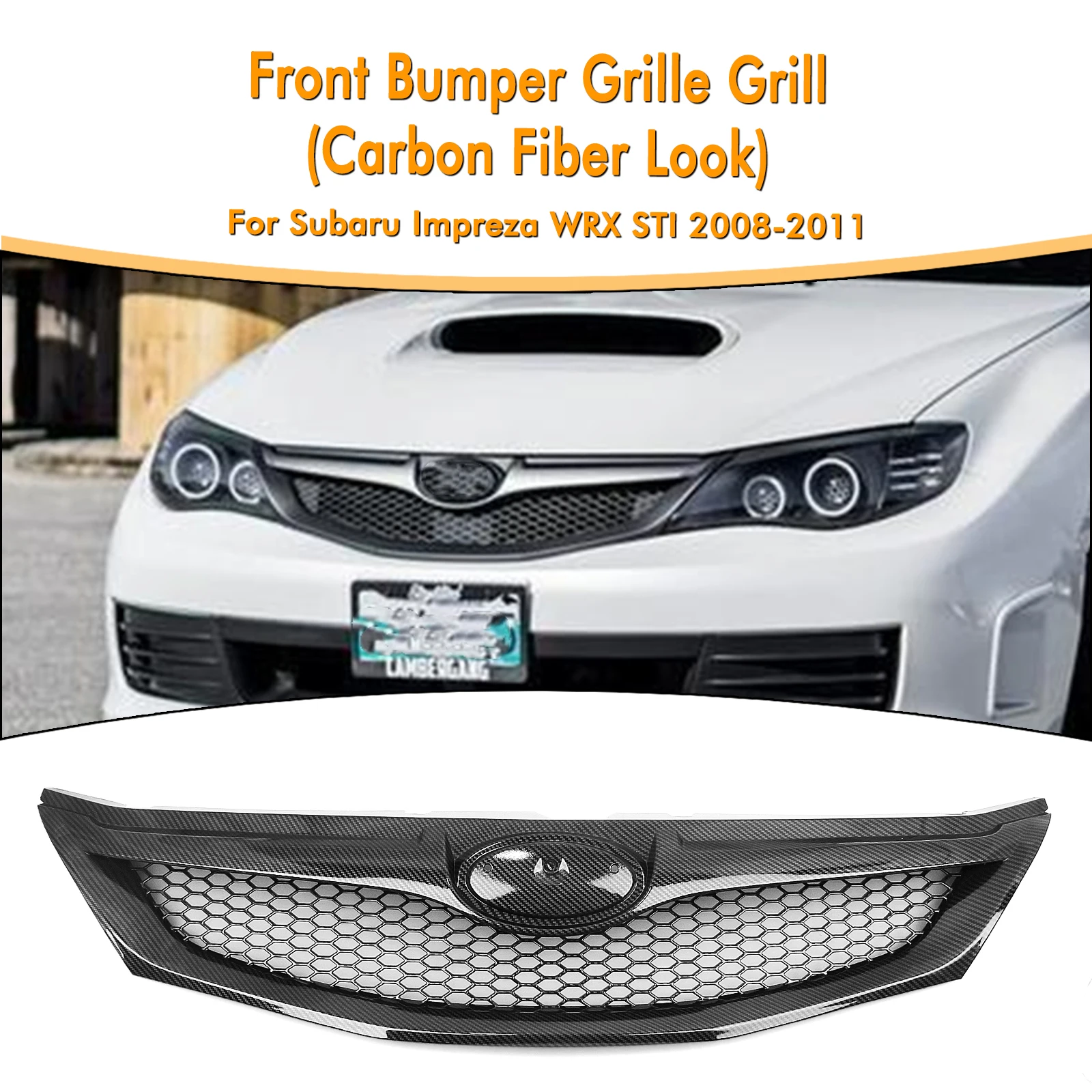 

For Subaru Impreza 10TH WRX STi Hatchback 2008-11 Front Grille Grill Carbon Fiber Look/Gloss/Matte Black Upper Bumper Hood Mesh